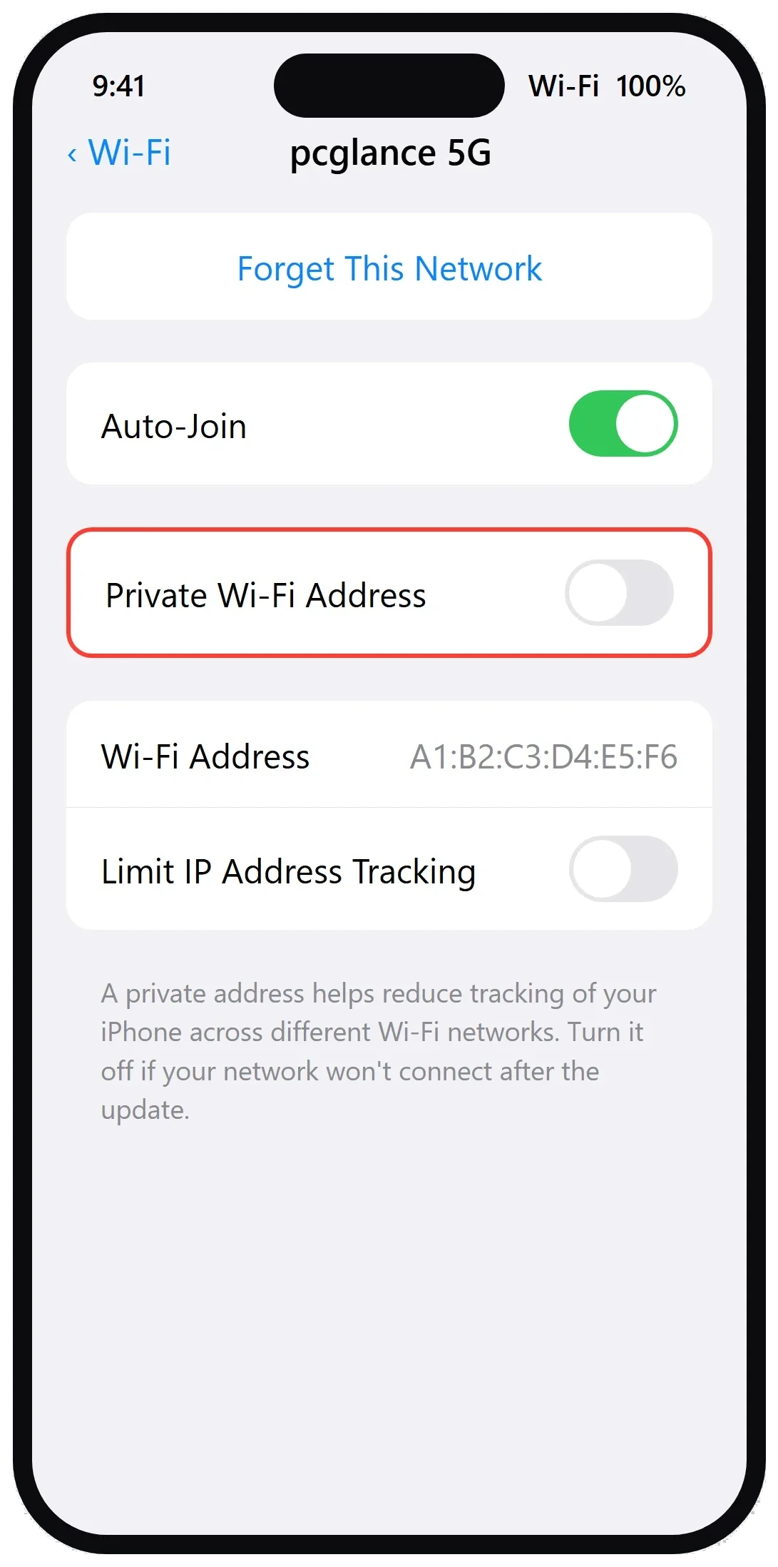 Private Wi-Fi Address toggle turned off on iPhone