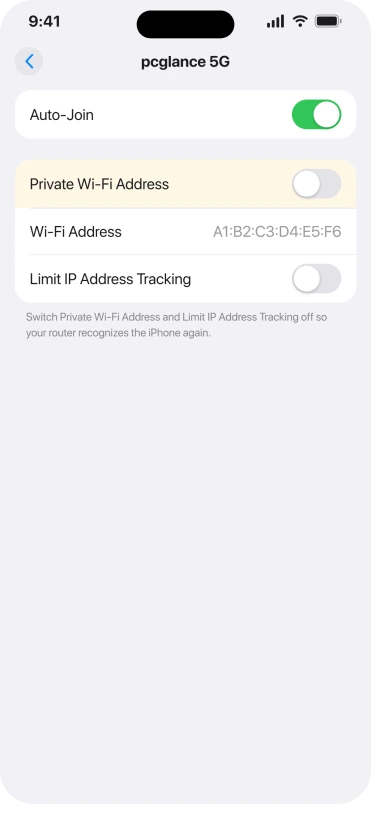 Private Wi-Fi Address toggle turned off on iPhone