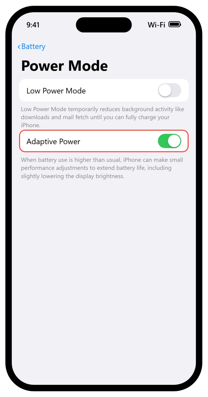 iOS 26 Power Mode screen with the Adaptive Power toggle