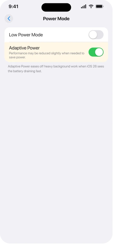 iOS 26 Power Mode screen with the Adaptive Power toggle
