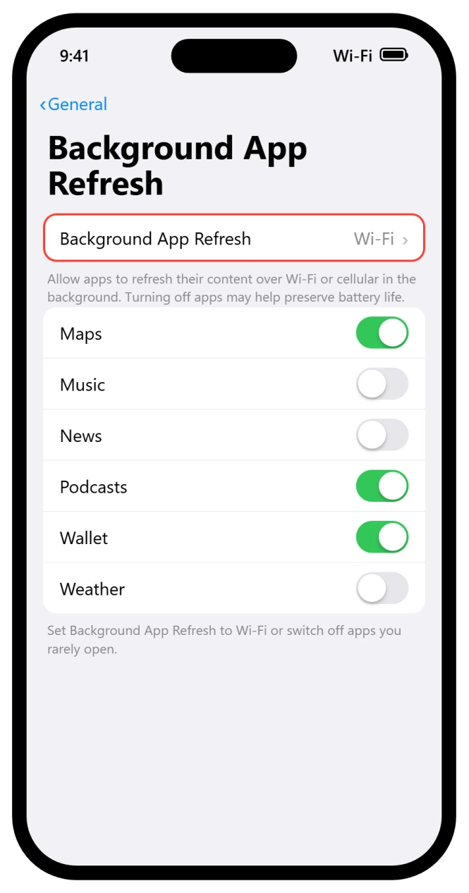 iOS 26 Background App Refresh settings with per-app toggles