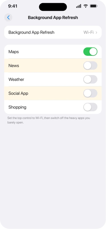iOS 26 Background App Refresh settings with per-app toggles