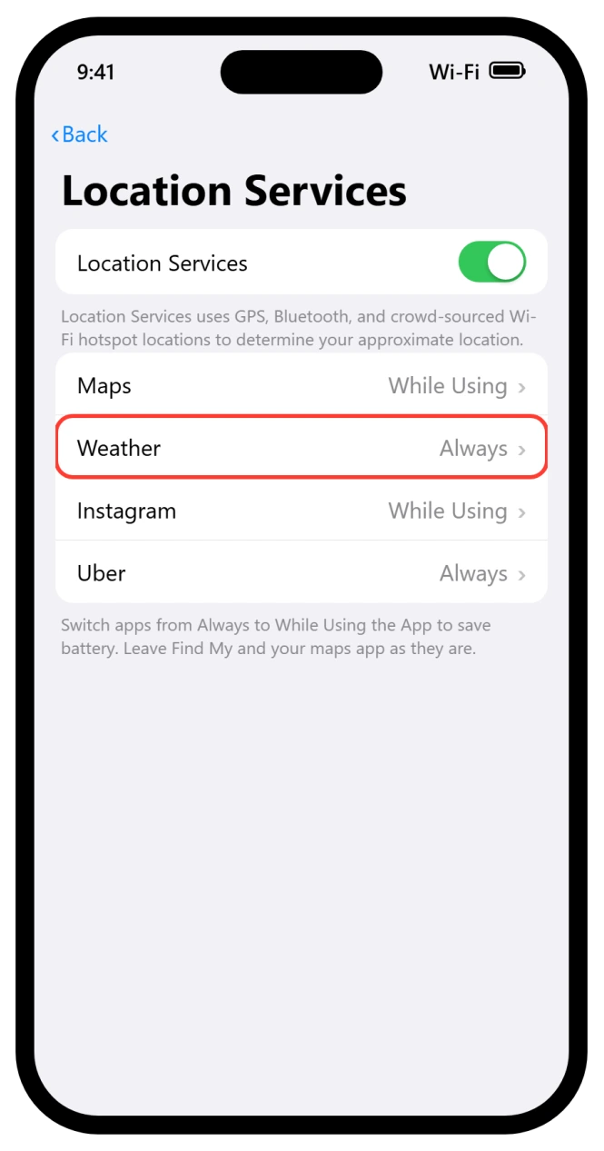 iOS 26 Location Services list showing apps set to While Using the App