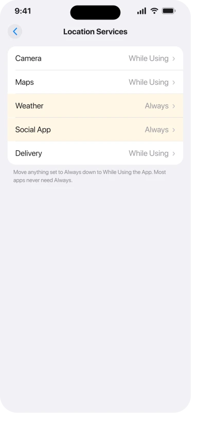 iOS 26 Location Services list showing apps set to While Using the App