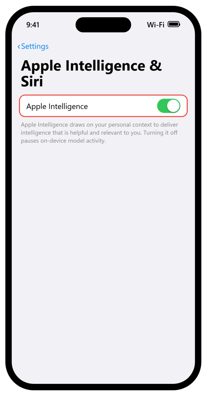 iOS 26 Apple Intelligence and Siri settings with the Apple Intelligence toggle