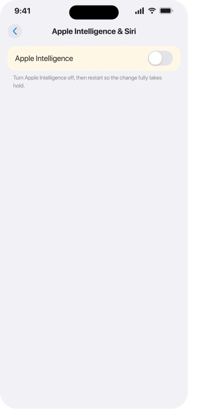 iOS 26 Apple Intelligence and Siri settings with the Apple Intelligence toggle