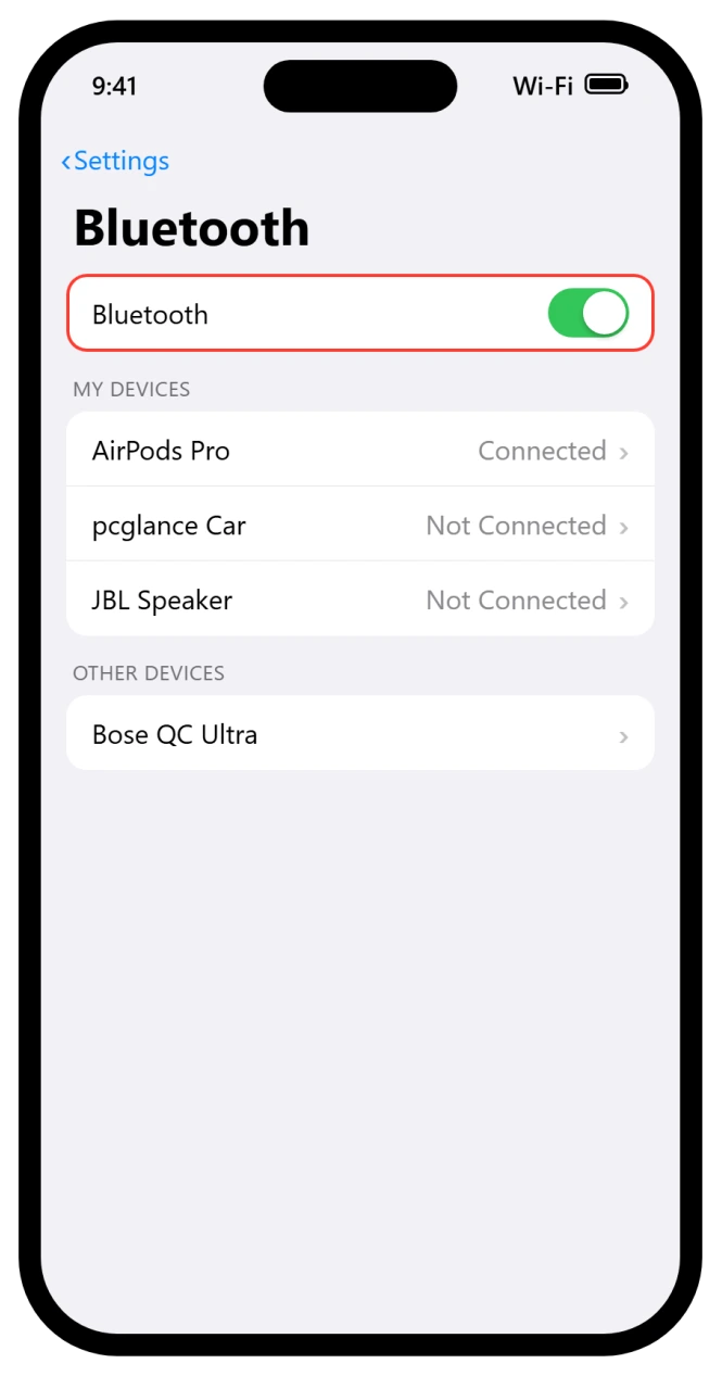 iPhone Settings Bluetooth screen with the main Bluetooth toggle and device list