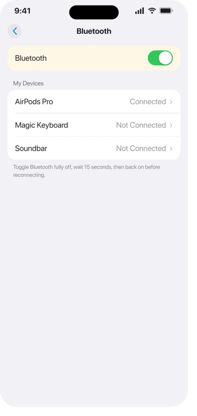 iPhone Settings Bluetooth screen with the main Bluetooth toggle and device list