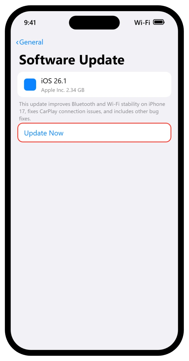 iPhone Software Update screen showing iOS 26.1 ready to install