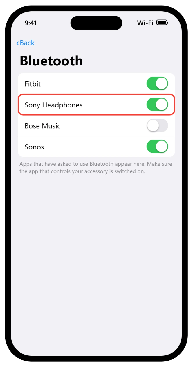 iPhone Privacy and Security Bluetooth screen showing per-app permission toggles