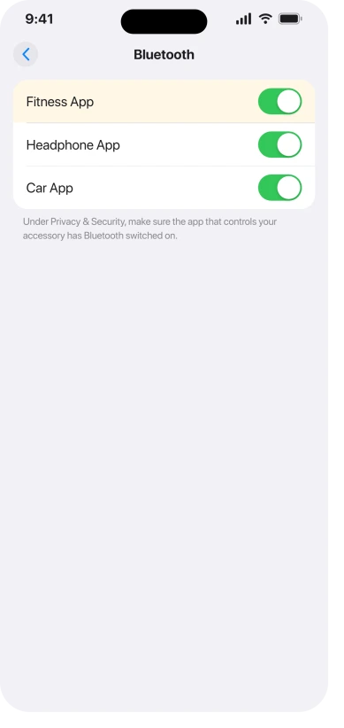 iPhone Privacy and Security Bluetooth screen showing per-app permission toggles