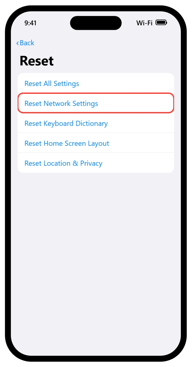 iPhone Reset menu showing the Reset Network Settings option
