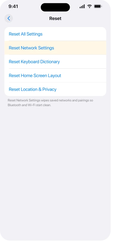 iPhone Reset menu showing the Reset Network Settings option