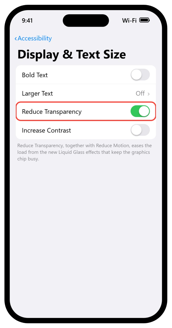 iPhone Display and Text Size settings with Reduce Transparency turned on