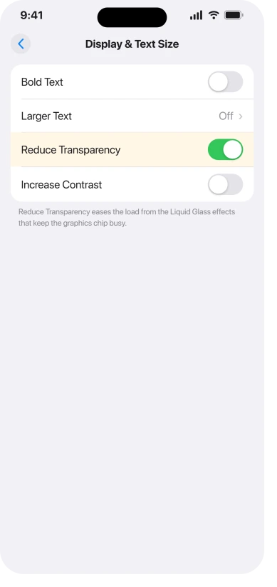 iPhone Display and Text Size settings with Reduce Transparency turned on