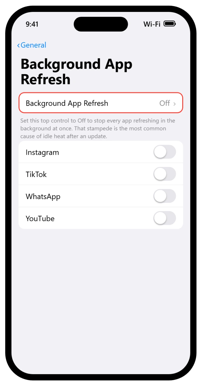 iPhone Background App Refresh screen with the top control set to Off