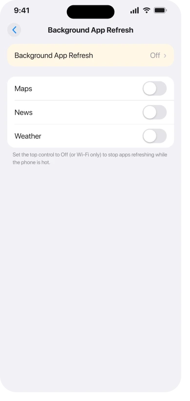 iPhone Background App Refresh screen with the top control set to Off