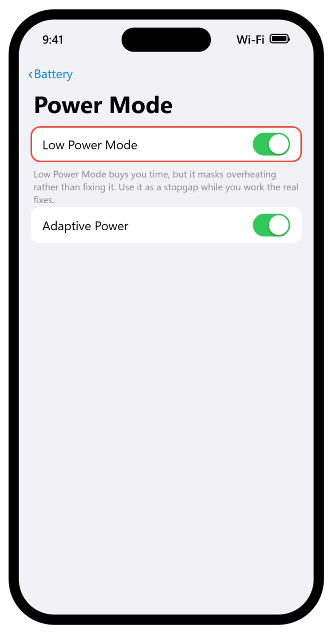 iPhone Power Mode screen with Low Power Mode turned on