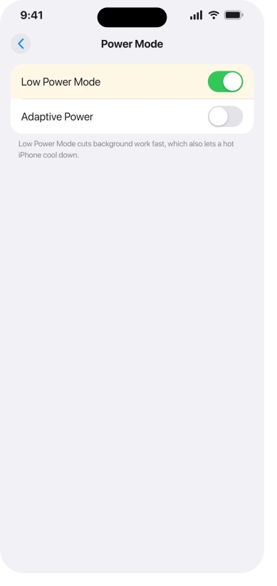 iPhone Power Mode screen with Low Power Mode turned on