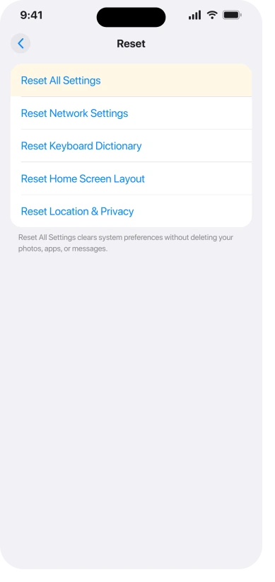 iPhone Reset menu with Reset All Settings highlighted