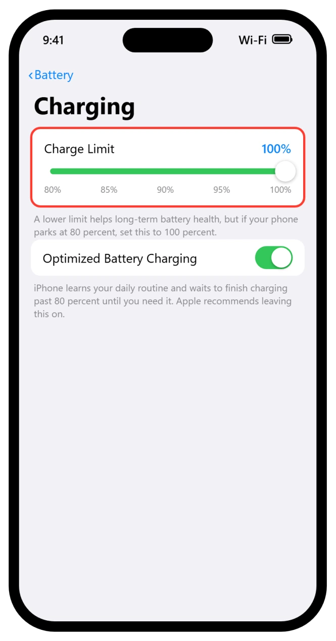 iPhone Battery Charging screen with the Charge Limit slider set to 100 percent