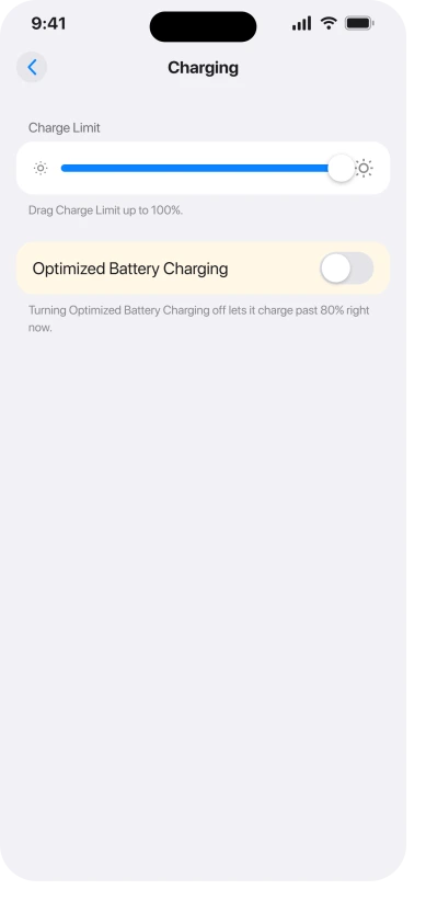iPhone Battery Charging screen with the Charge Limit slider set to 100 percent