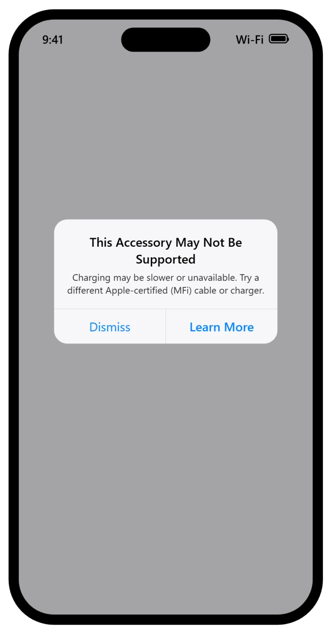 iPhone showing an Accessory May Not Be Supported alert when an uncertified cable is connected