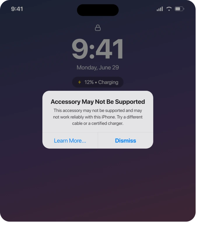 iPhone showing an Accessory May Not Be Supported alert when an uncertified cable is connected
