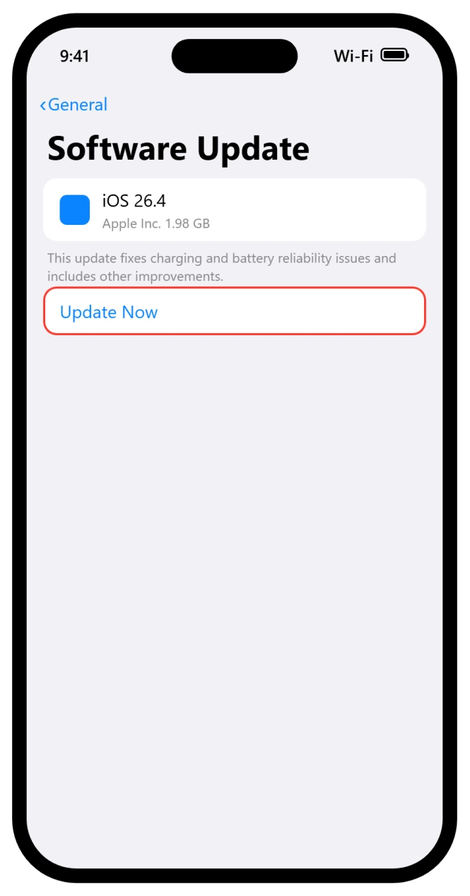 iPhone Software Update screen with the latest iOS 26 ready to install