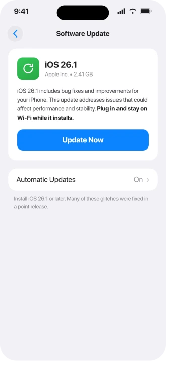 iPhone Software Update screen showing the latest iOS 26 update ready to install