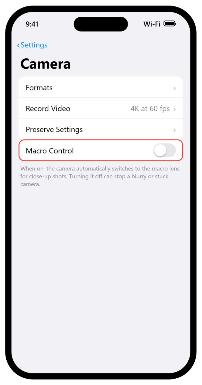 iPhone Camera settings with Macro Control turned off