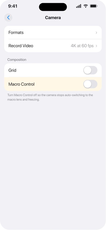 iPhone Camera settings with Macro Control turned off