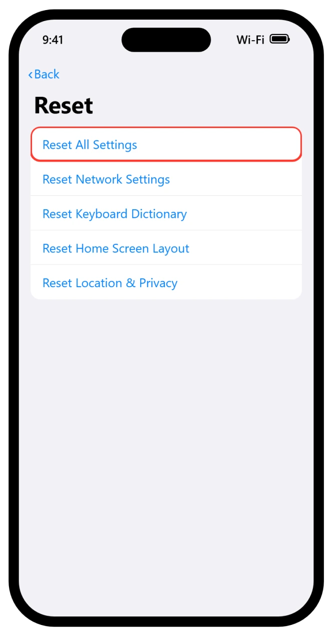 iPhone Reset menu with Reset All Settings highlighted