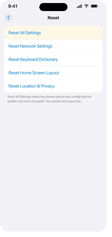 iPhone Reset menu with Reset All Settings highlighted