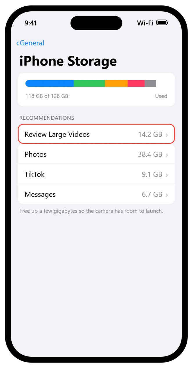 iPhone Storage screen showing space used and large items to delete