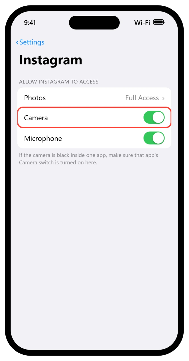 iPhone app settings showing the Camera permission switch turned on