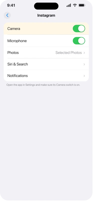 iPhone app settings showing the Camera permission switch turned on