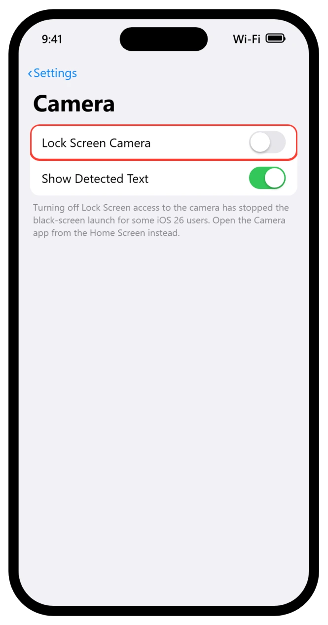 iPhone Camera settings showing the Lock Screen swipe to open Camera option