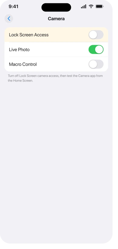 iPhone Camera settings showing the Lock Screen swipe to open Camera option