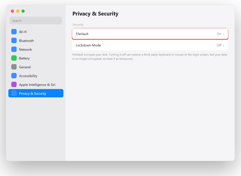 macOS Privacy and Security settings showing FileVault ready to turn off