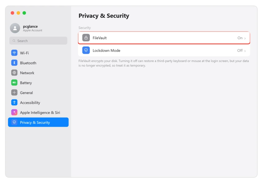 macOS Privacy and Security settings with FileVault ready to turn off