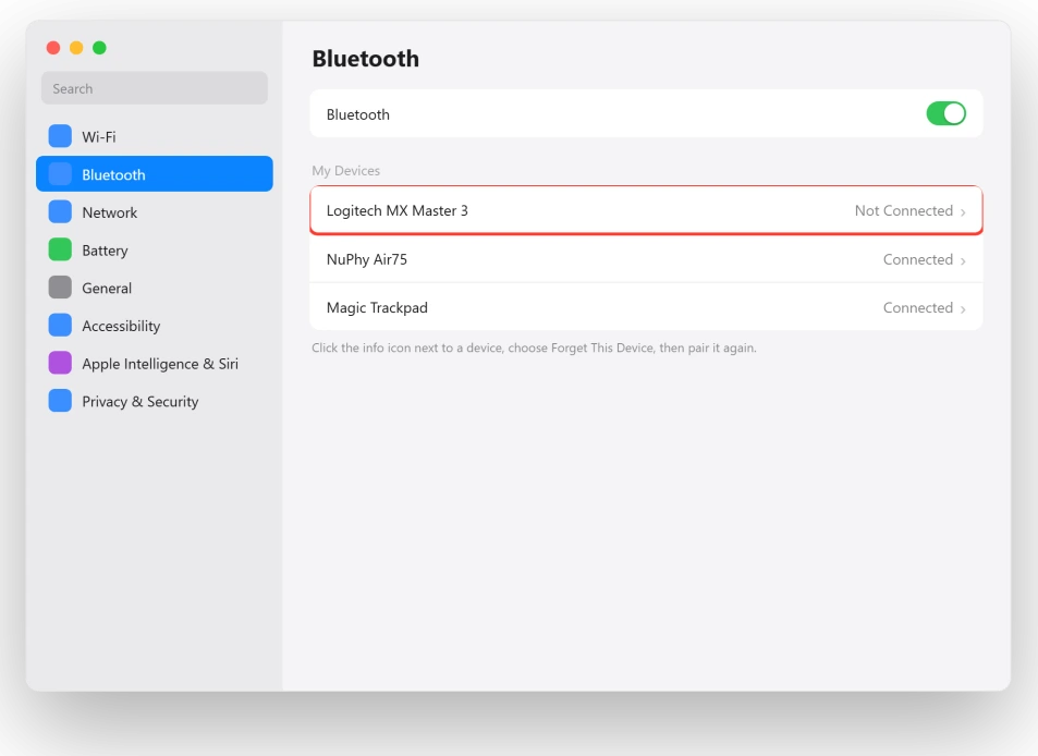 macOS Bluetooth settings showing a third-party mouse set to forget and re-pair