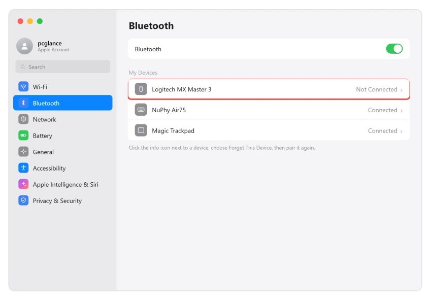 macOS Bluetooth settings with a third-party mouse set to forget and re-pair