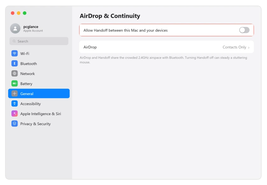 macOS AirDrop and Continuity settings with Handoff turned off