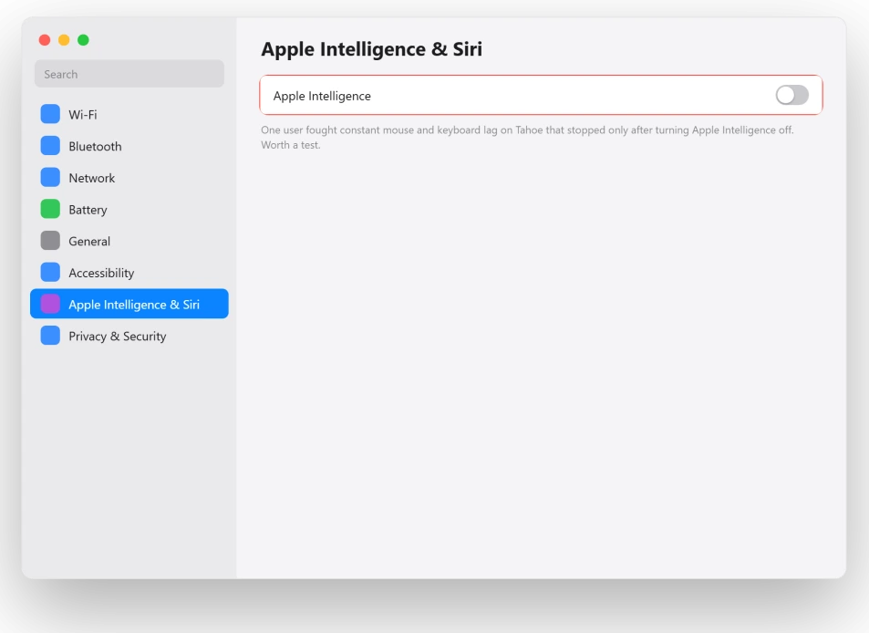 macOS Apple Intelligence and Siri settings with Apple Intelligence turned off