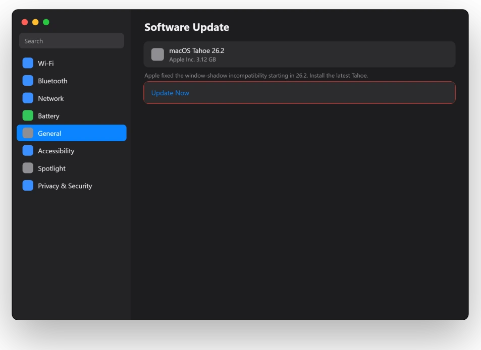 macOS Software Update screen with the latest Tahoe update ready to install