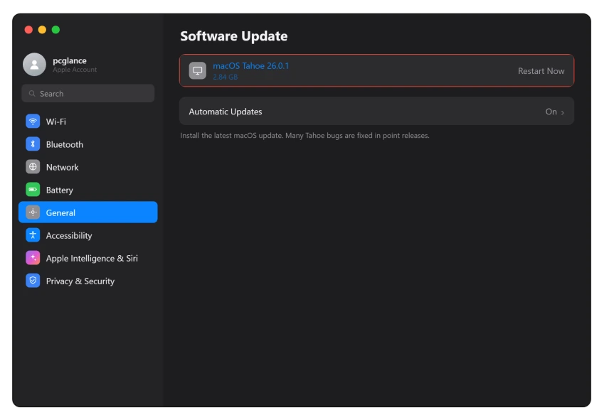macOS Software Update screen with the latest Tahoe update ready to install