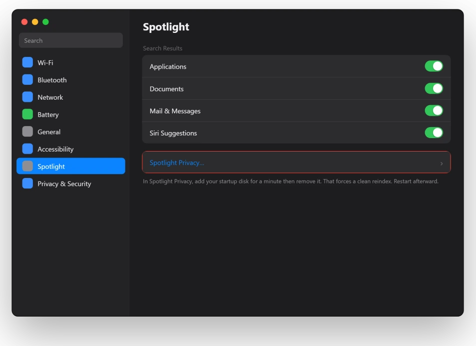 macOS Spotlight settings showing search categories and the privacy exclusion list