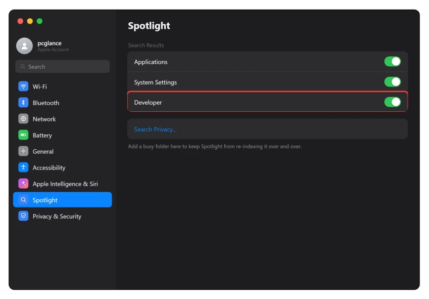 macOS Spotlight settings showing search categories and the privacy exclusion list