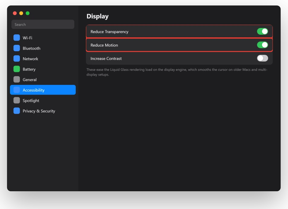 macOS Accessibility Display settings with Reduce Transparency and Reduce Motion turned on